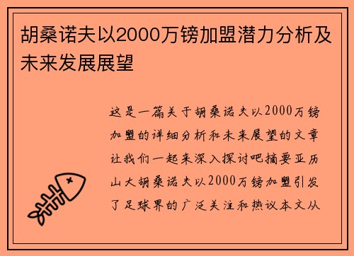 胡桑诺夫以2000万镑加盟潜力分析及未来发展展望