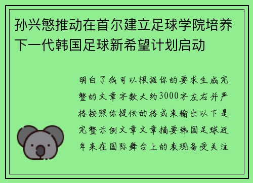 孙兴慜推动在首尔建立足球学院培养下一代韩国足球新希望计划启动 孙兴慜推动在首尔建立足球学院培养下一代韩国足球新希望计划启动