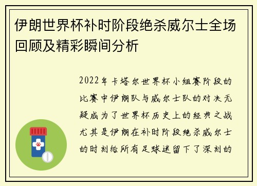 伊朗世界杯补时阶段绝杀威尔士全场回顾及精彩瞬间分析